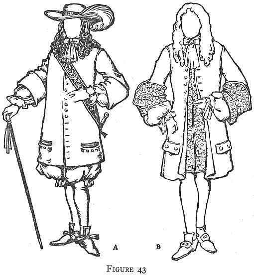 Illustration of two men in 17th-century european attire with elaborate collars, knee-length breeches, and decorative jackets, labeled as "figure 43," showcasing historical fashion.