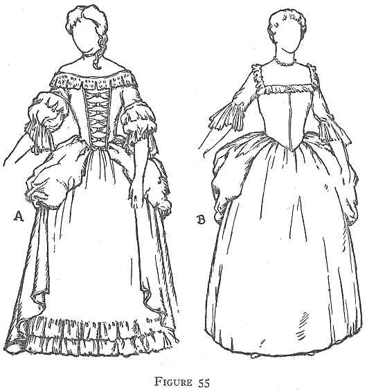 Illustration of two victorian era women's dresses, showcasing front and back designs with ornate details and voluminous skirts.