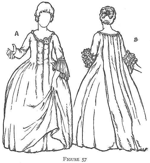 A historical illustration of two women in elegant 18th-century dresses, showcasing the front (a) and back (b) views of the elaborate fashion of the era.