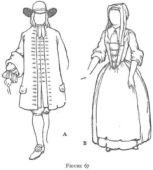 Sketches of traditional 17th-century european clothing: on the left, a man wearing a wide-brimmed hat, a doublet with decorative buttons, breeches, stockings, and shoes with buckles; on the right, a woman donning a long dress with a fitted bodice, full skirt, and an apron, her head covered with a coif. (figure 67).