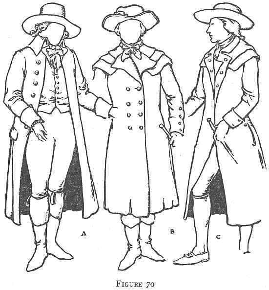 Three sketches of men in 17th or 18th-century european attire with various styles of coats and hats, labeled a, b, and c.