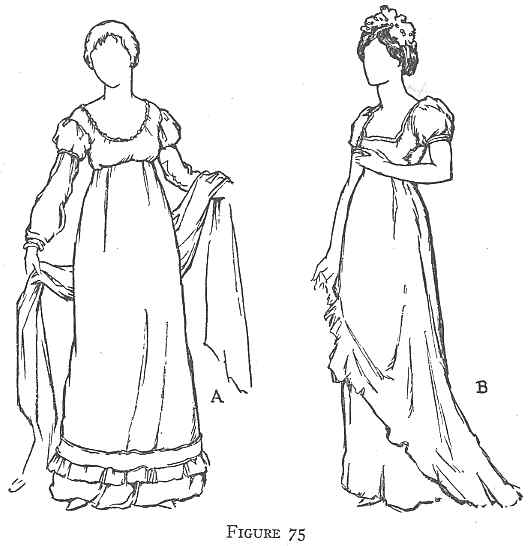 Illustration of two vintage dresses from the early 19th century, showcasing the fashion silhouette and style details of the era.