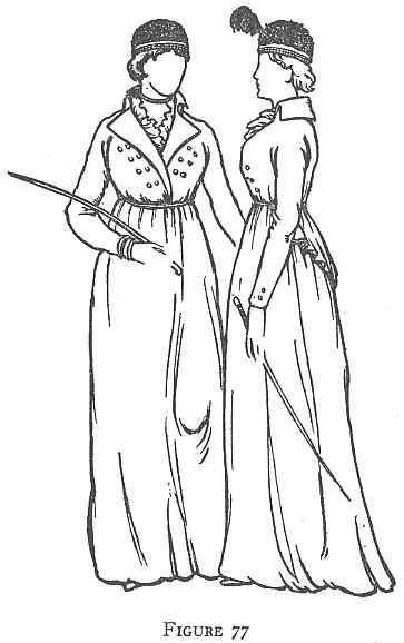 Two women in vintage attire with high waistlines, fitted bodices, and long skirts, showcasing early 19th-century fashion, complete with bonnets and gloves.