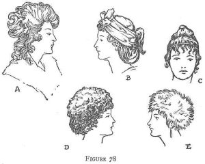 Womens' hairstyles of the late 18th century.