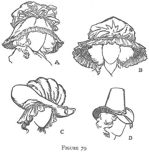 Illustrations of four different vintage hats with elaborate designs, showcasing a range of styles and adornments from a bygone era.