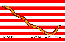 A stylized, pixelated image of an orange and yellow snake against a background with alternating horizontal black and red stripes.