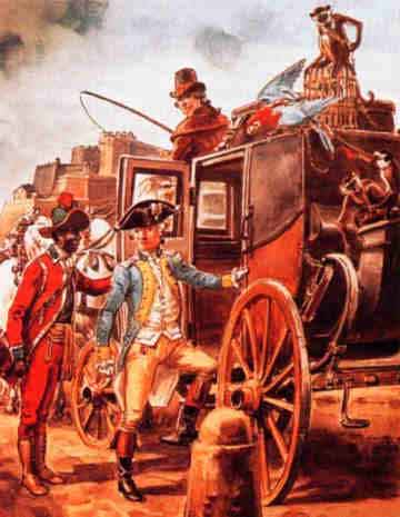 An 18th-century scene with a gentleman in a blue coat and tricorn hat stepping out of a horse-drawn stagecoach, greeted by a man in a red coat, as a coachman looks on from atop the carriage adorned with ornate decorations.