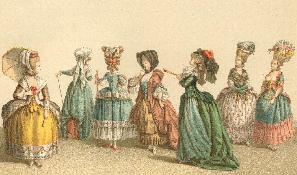 A vintage illustration depicting a collection of elegantly dressed women from a bygone era, showcasing diverse and intricate historical fashion styles.