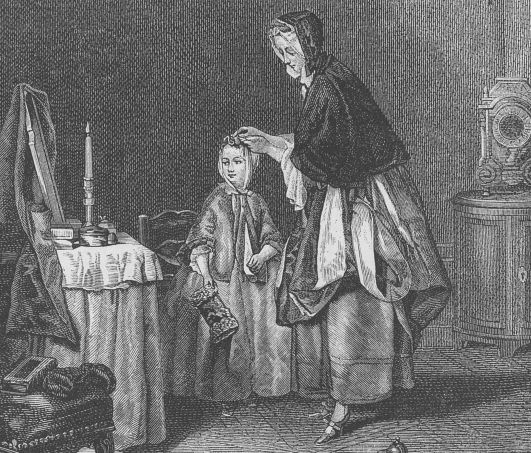An etching of a historical domestic scene: a woman dressed in traditional clothing standing and combing the hair of a seated young girl, by the light of a single candle, with a sense of quiet intimacy.