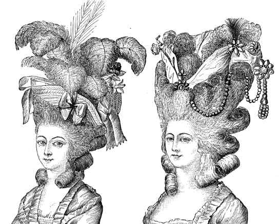 Extravagant 18th-century hairstyles adorned with feathers and elaborate ornaments.