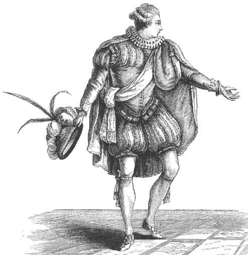 A historical engraving of a man in renaissance attire, brandishing a hat and striking a dramatic pose.