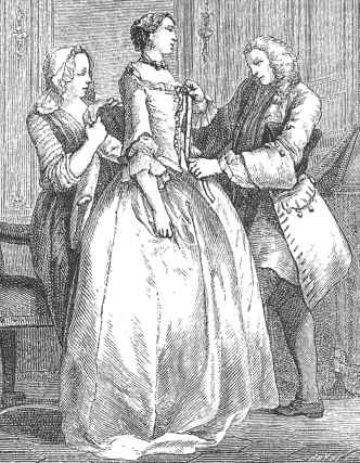 An illustration depicting a scene from a bygone era, showing two elegantly dressed figures, possibly servants, assisting a woman of status or nobility with her attire. the attention to detail in the garments suggests a period where fashion was an indicator of social standing.
