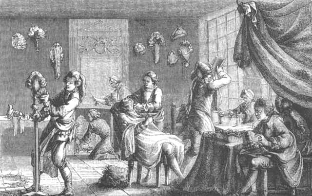 A black and white etching portraying a bustling scene from a bygone era, with various individuals engaged in activities such as sculpting, studying, and conversing, reflecting a space dedicated to artistry and intellectual pursuits.