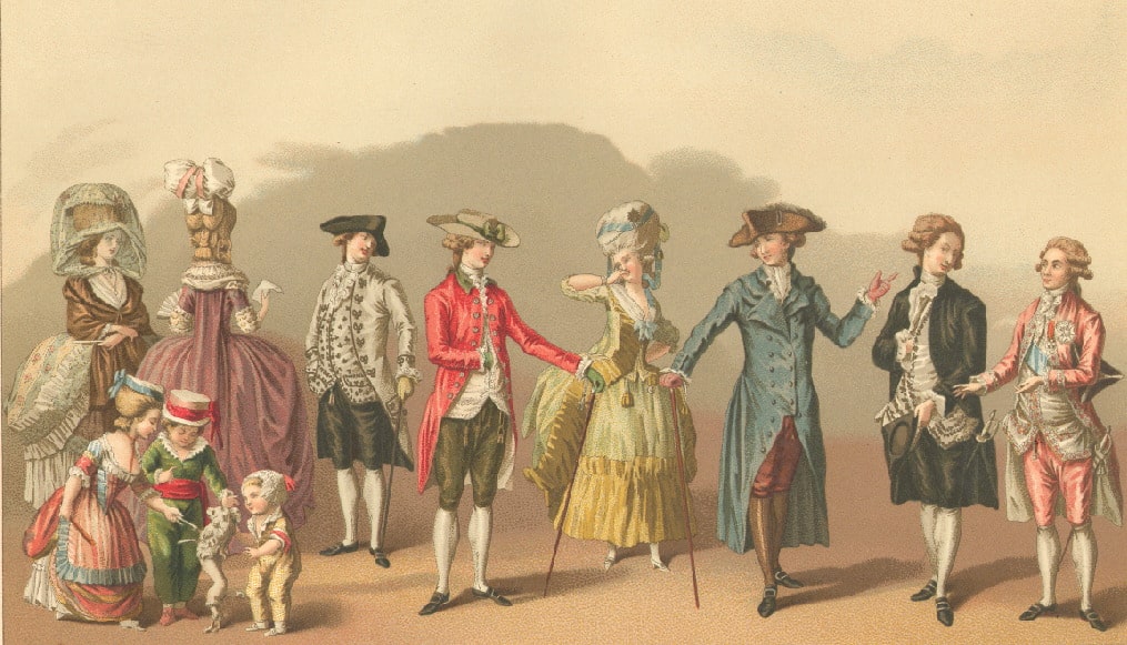 A group of elegantly dressed individuals from the 18th century, showcasing the fashion of the period with elaborate gowns, fitted coats, and tricorn hats, engaged in genteel social interaction.