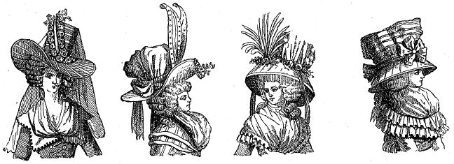 A black and white illustration showcasing a variety of intricate and elegant women's hat designs from a bygone era.