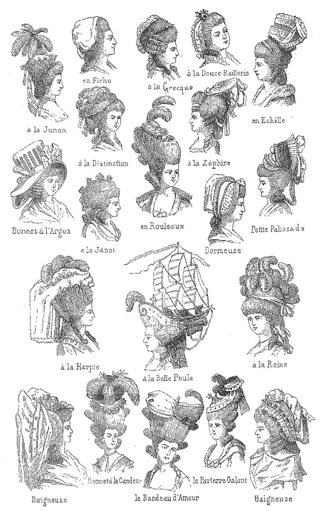 An illustration showcasing a variety of women's headwear fashions from a bygone era, each with unique adornments and names to match their distinctive styles.