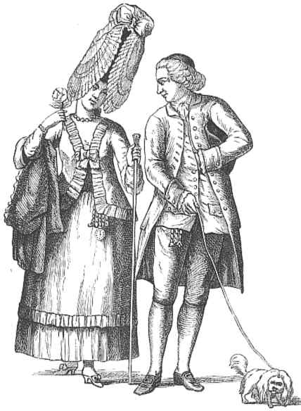 An illustration of an 18th-century couple, with the woman donning a wide-hooped skirt and a tall headdress, while the man wears a waistcoat, breeches, and stockings, casually holding a cane, with a small dog on a leash by his side.