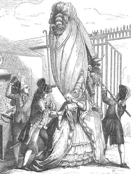 A historical engraving depicting helping a woman with her huge amount of hair.