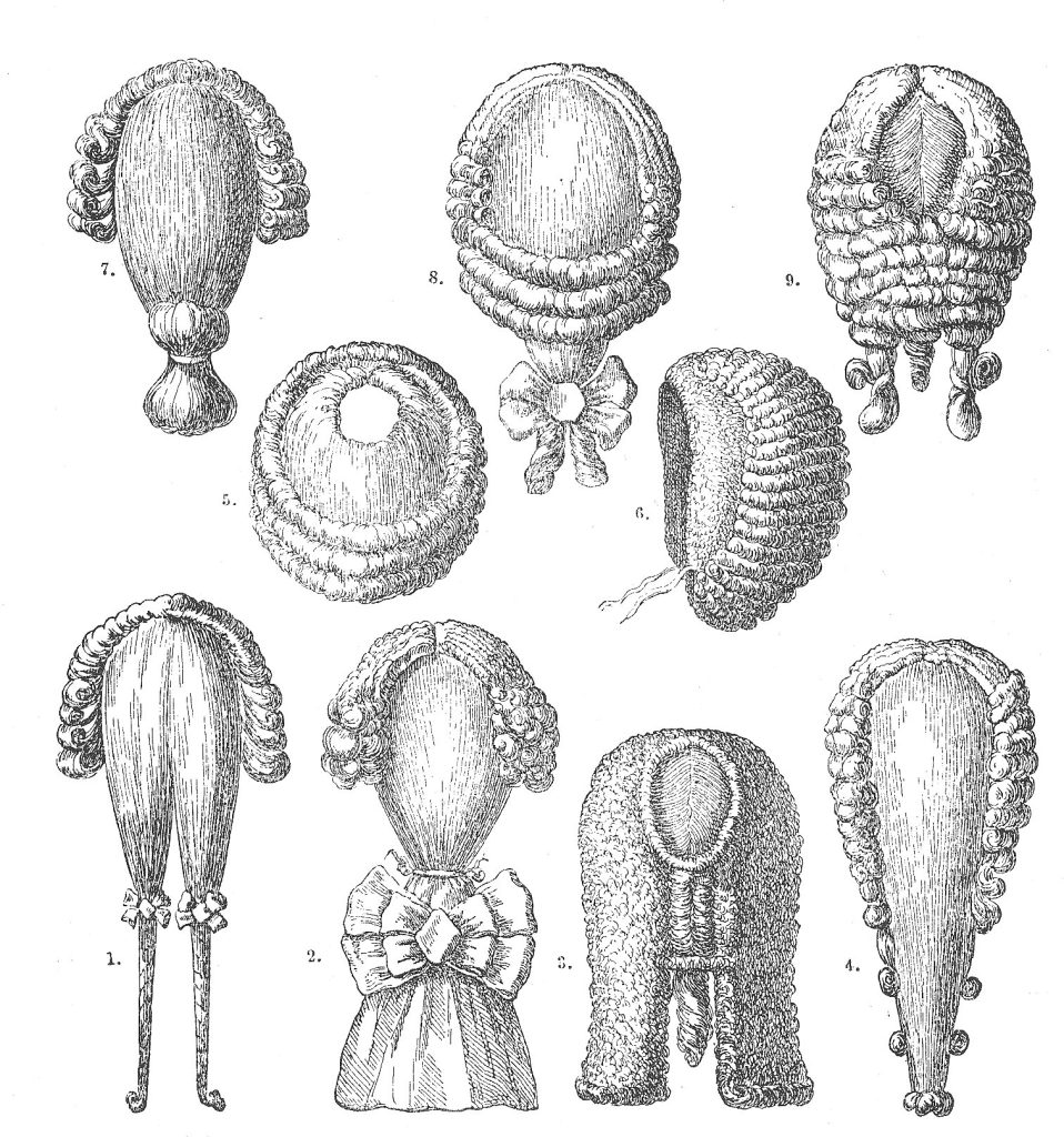 Illustration of various 18th-century women's wig and hairstyle designs, showcasing the intricate and voluminous fashion of the period.