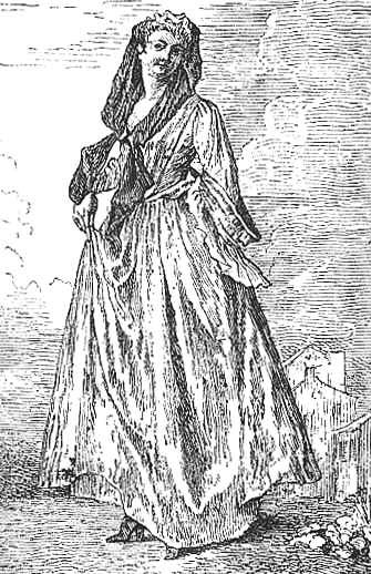 An ink sketch of a woman from a bygone era, dressed in period clothing, with a flowing dress and detailed sleeves, exuding an air of classic elegance.