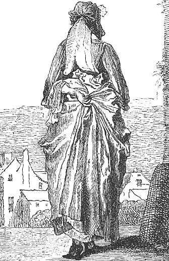 A black and white illustration of a woman from a bygone era, wearing period clothing, walking towards a quaint village backdrop.