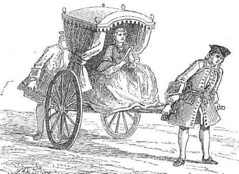 An ink sketch of a traditional sedan chair, with an elegantly dressed woman seated inside and two porters, one lifting the front and the other standing at the rear, set against a minimalistic background suggesting an era from the past.