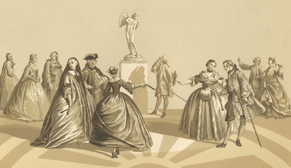 Elegant figures in 19th-century attire engaging in a grand ballroom dance, with a classical statue poised in the background, evoking a scene of refined social interaction and historical fashion.