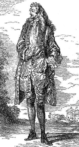 An etching of a gentleman from a bygone era, adorned in traditional 17th or 18th-century garb, with a frock coat, knee breeches, and a wig, standing pensively in a pastoral landscape.