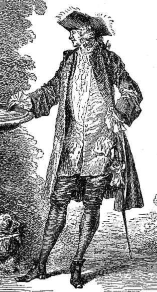 An illustration of an 18th-century gentleman in elegant attire, complete with a long coat, breeches, and a tricorne hat.