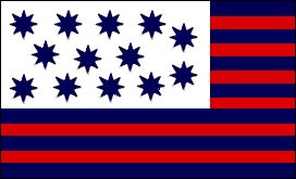 The image is a representation of a flag with a pattern of blue stars arranged in rows on a white field in the upper left corner and horizontal stripes alternating in red and white below the field of stars.