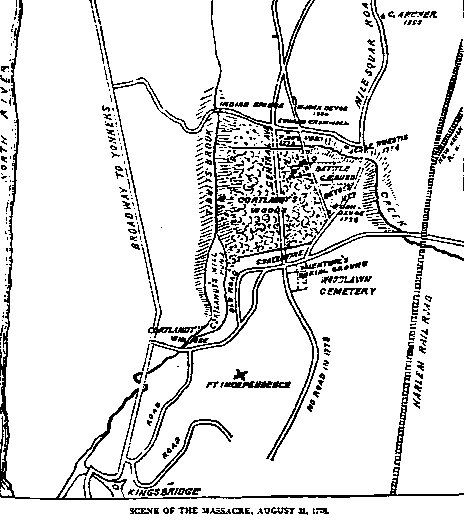 A historical map depicting the scene of a massacre that occurred on august 11, 1689, showing various landmarks such as forts, paths, a cemetery, and geographic features like rivers and creeks.
