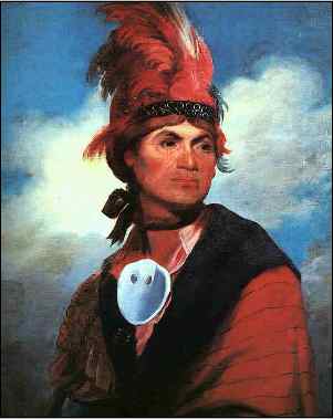 A portrait depicting a native american man adorned with a feathered headdress, a red band tied around his forehead, and a medallion hanging around his neck, set against a blue sky backdrop.