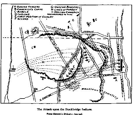 A historical battle map with annotations and strategic positions marking the attack upon the Stockbridge Indians.