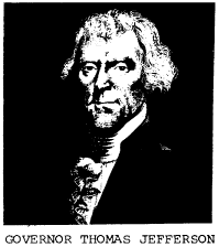 Black and white illustration of governor thomas jefferson with a serious expression.