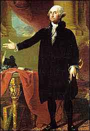 Portrait of George Washington, he is standing up with his right hand outstretched.