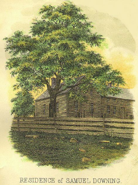 Vintage illustration of the residence of samuel downing, depicted as a quaint wooden house nestled among tranquil trees.