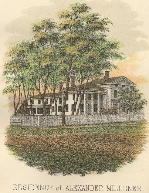 Vintage illustration of a quaint residence amidst lush greenery, labeled "residence of alexander millener".