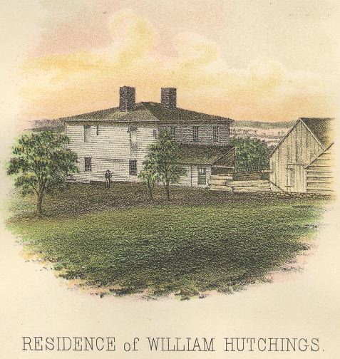Vintage illustration of the residence of william hutchings, showcasing a classic two-story home with a prominent chimney and adjacent outbuilding amidst a pastoral setting.