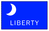 A blue rectangular image featuring a crescent moon in the top left corner, with the word "liberty" written in bold white letters centered on the right side.