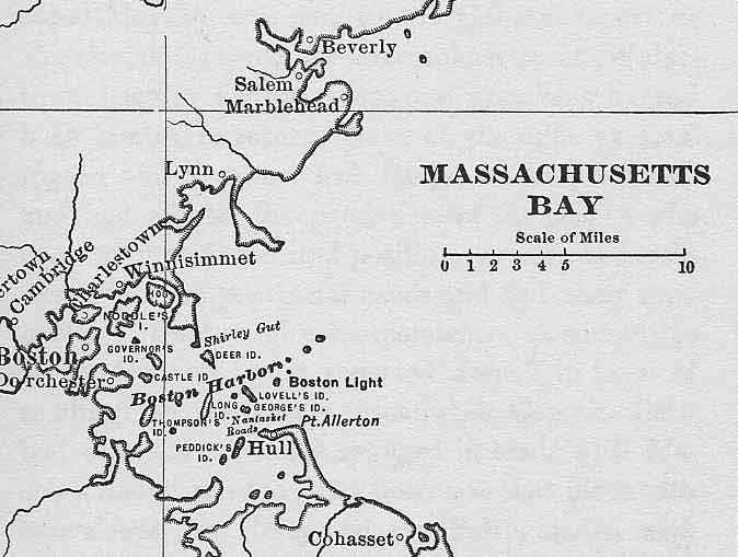 A black and white map displaying the coastal region around massachusetts bay, highlighting key locations such as boston, cambridge, salem, and various islands and lighthouses.
