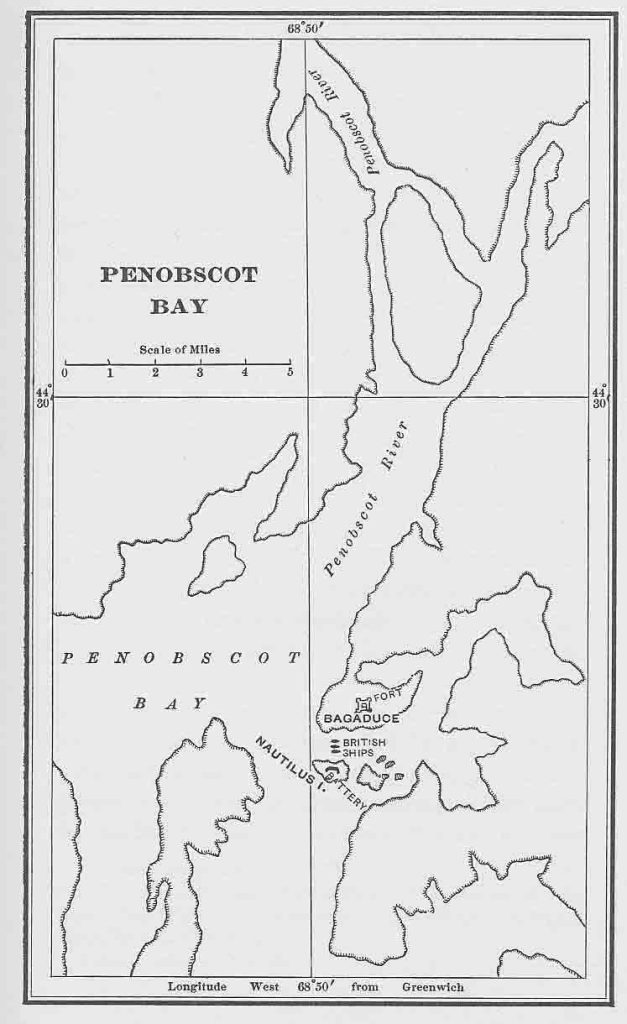 Historical map of penobscot bay and penobscot river in maine with early cartographic representations and scale in miles.