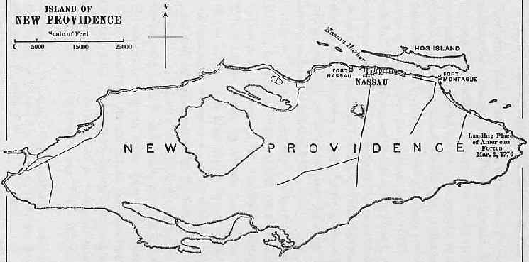 Historical map of new providence island highlighting fort locations and a landing point.