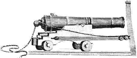 Vintage illustration of a traditional cannon mounted on a wheeled carriage.
