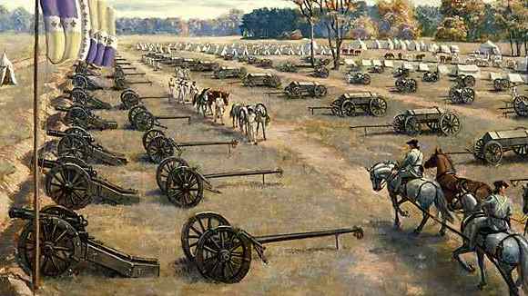 Military encampment with rows of cannons lined up and soldiers preparing for battle amidst tents and supply wagons under a vast, open sky.