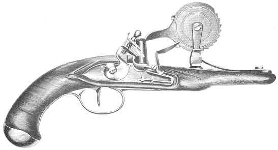 Pencil drawing of a powder tester, showing intricate details of the firing mechanism and the wooden handle.