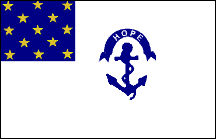 White flag with a blue ship's anchor. Canton is blue with gold stars.