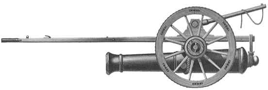 Black and white illustration of a historical cannon mounted on a two-wheeled carriage with its barrel pointed to the left.