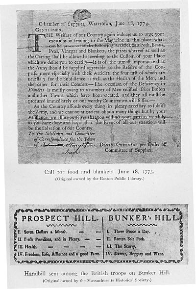 Historical documents relating to the early stages of the american revolutionary war, including a public call for food and supplies dated june 18, 1775, likely associated with the battle of bunker (breed's) hill and a handbill issued by the british troops critical of the massachusetts provincial congress.