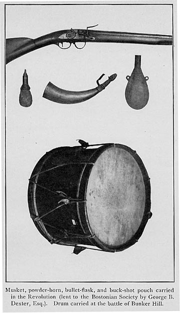Musket, powder-horn, bullet flask, and buck-shot pouch carried in the Revolution, and a drum carried at Bunker Hill.
