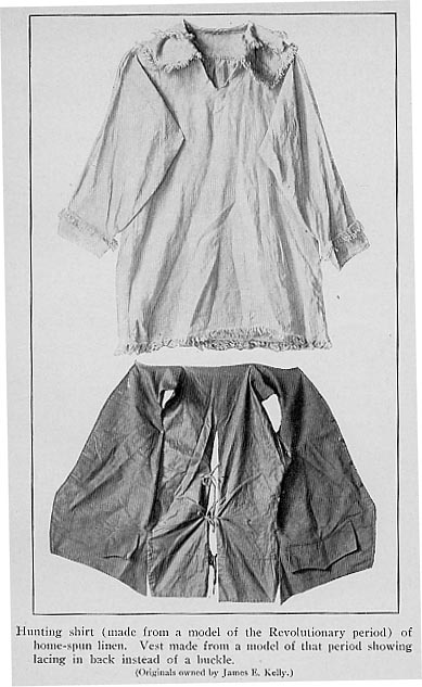 Vintage clothing exhibit: a revolutionary period hunting shirt made from home-spun linen paired with a waistcoat showing lacing in the back, original pieces owned by james m. kelly.